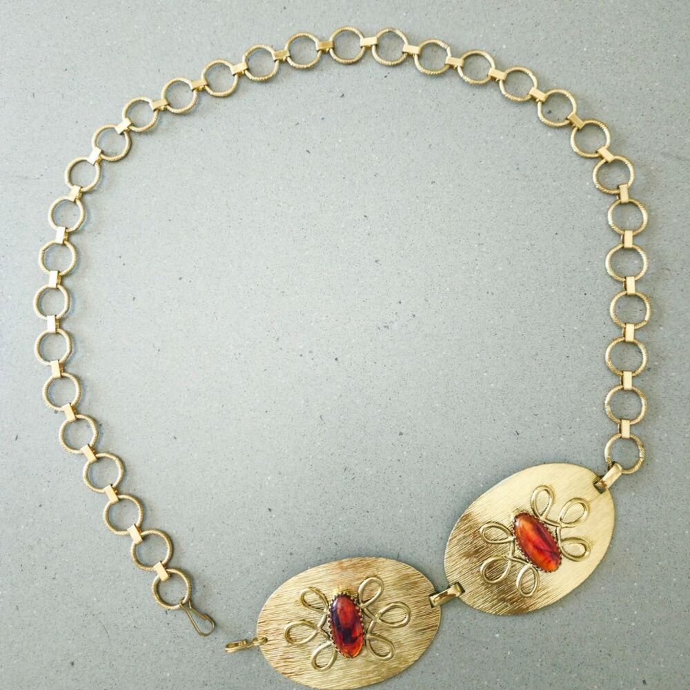 Gold Tone Statement Chain Belt Orange Cabochon Oval Buckle Boho Retro